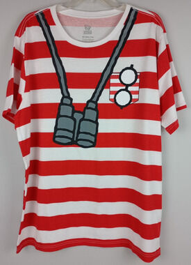 Wheres Waldo Adult 2XL Red White Striped Binoculars Waldo Glasses Graphic Tshirt